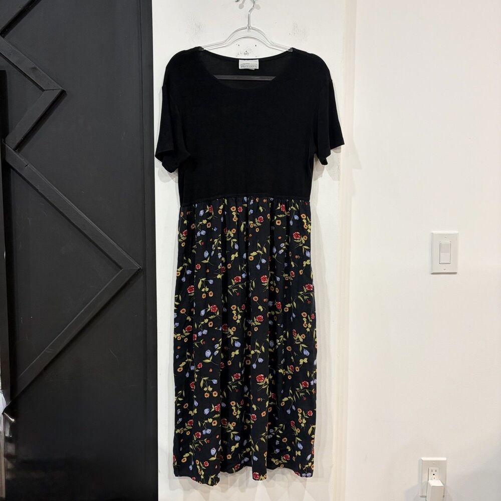 Vintage Petite Impressions Black Floral Midi Dress Size Large Cottage Teacher